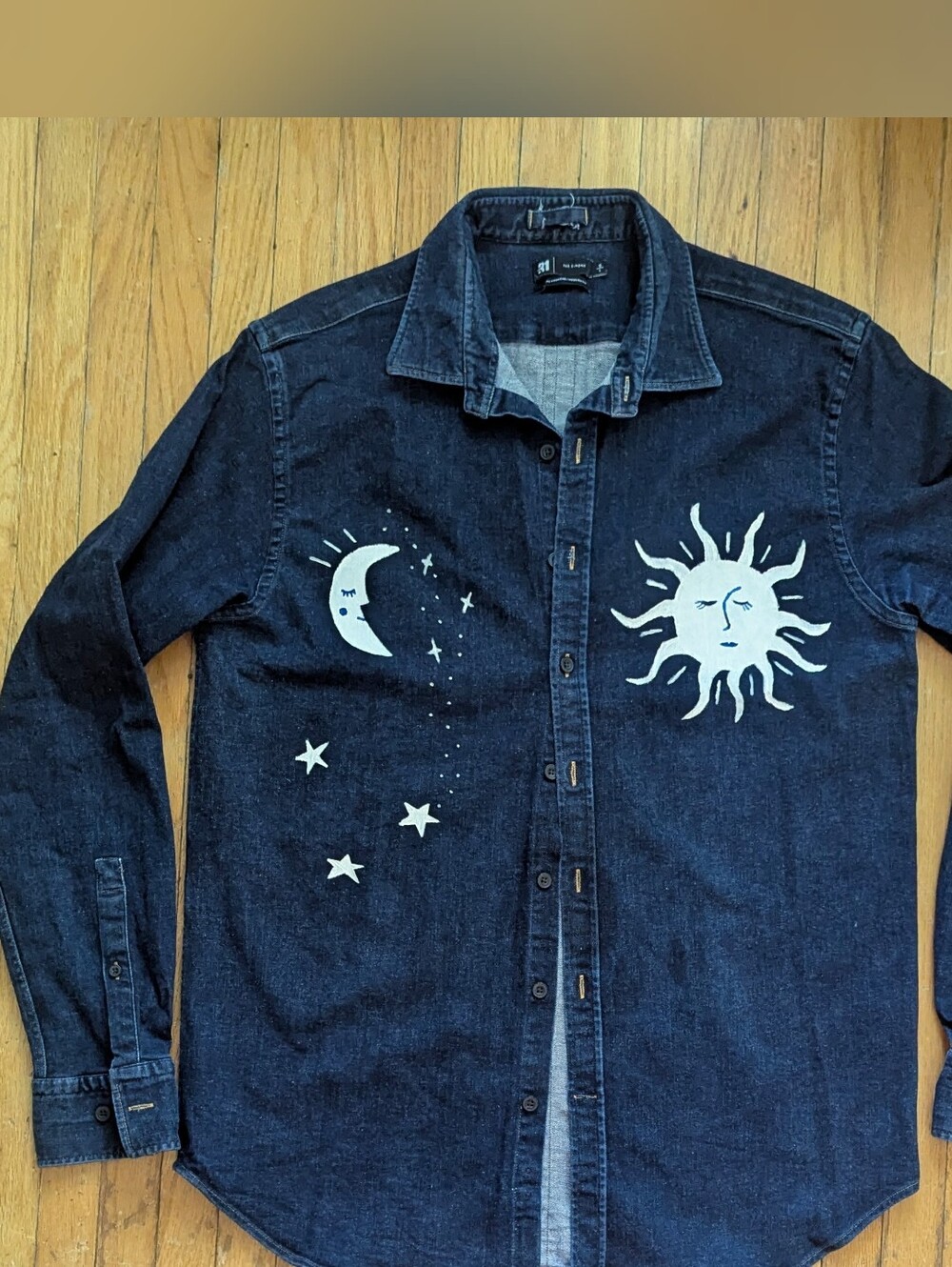 Simons Dark Denim Shirt with Hand Painted White Sun & Moon Motif